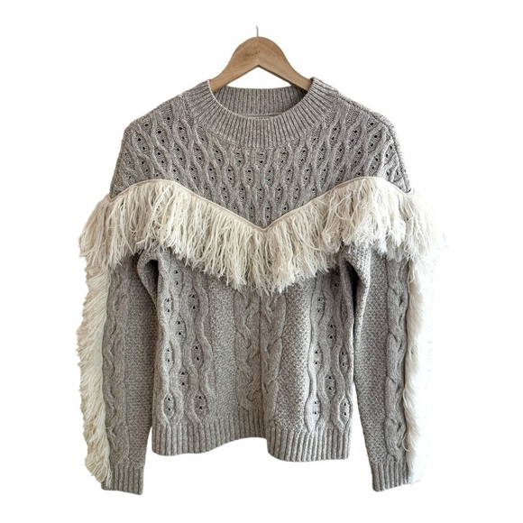 Amur Ulla Fringe Beige Cable Knit Merino Wool Round Neck Womens Size S Pullover - Picture 2 of 16